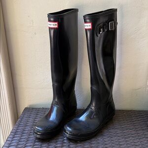 Hunter Glossy Black Rain Boots with Buckle